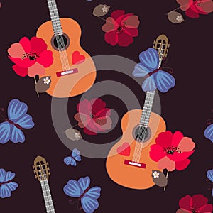 Seamless pattern with wooden guitars, blue butterflies and red poppy flowers on black background. Print for fabric