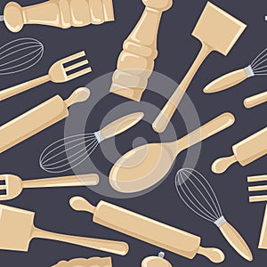 Seamless pattern of wooden kitchen tools for cooking