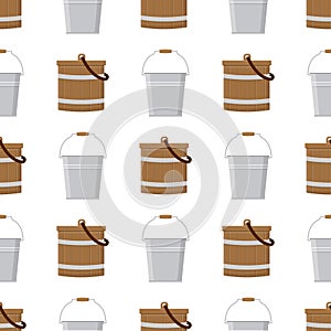 Seamless pattern with wooden and tin buckets empty or with water on white background. Cartoon style. Vector illustration for