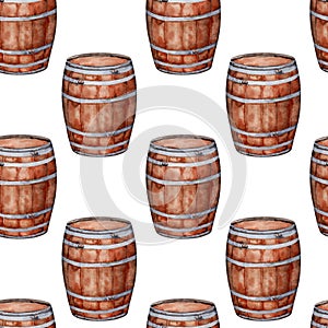 Seamless pattern with wooden wine or whiskey barrels. Wine cask design element. Hand drawn watercolor illustration isolated on