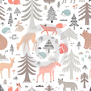 Seamless pattern  with woodland animals. Vector background in scandinavian style