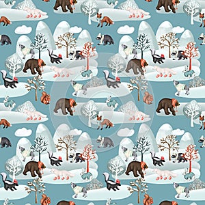 Seamless pattern of woodland animals in warm clothes in winter forest landscape