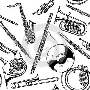 Seamless pattern with woodwind and brass musical instrument