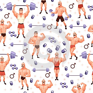 Seamless pattern with wrestlers. Cartoon bodybuilder characters. Funny men with with dumbbells, decor textile, wrapping