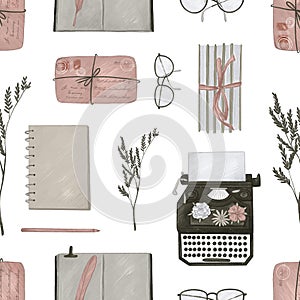 Seamless pattern with writer items. Hand-drawn illustrations