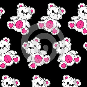 Seamless pattern with Wrong and Raped Teddy Bear toy. Black Emo Goth background. Gothic aesthetic in y2k, 90s, 00s and