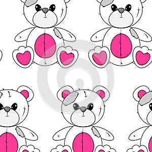 Seamless pattern with Wrong and Raped Teddy Bear toy. White pink Emo Goth background. Gothic aesthetic in y2k, 90s, 00s