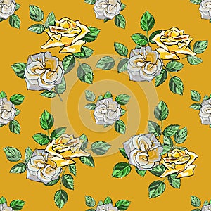 Seamless pattern. Yellow backround. Large roses, graceful rose petals.