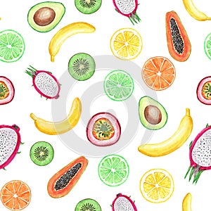 Seamless pattern with yellow bananas, passion fruit, papaya, lemon, kiwi, pitahaya and lime. Cute watercolor fruits. Bright