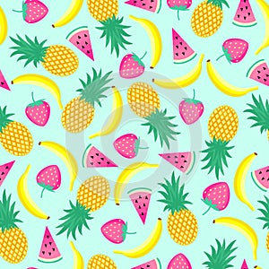 Seamless pattern with yellow bananas, pineapples and juicy strawberries on mint green background.