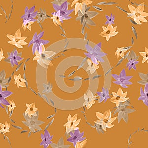 Seamless pattern with yellow, beige, violet flowers and paisley on a orange background. Watercolor
