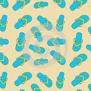 Seamless pattern yellow-blue flip flops with a fish pattern for everyday walks, for the pool, for going to the beach