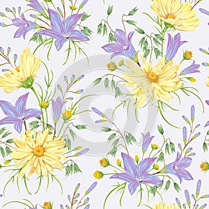 Seamless pattern with yellow chamomile flowers, blue bluebells flowers and oat. Rustic floral background.
