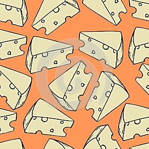 Seamless pattern with yellow cheese on an orange background. Vector. Doodle style. Decor element. Suitable for decorating things,