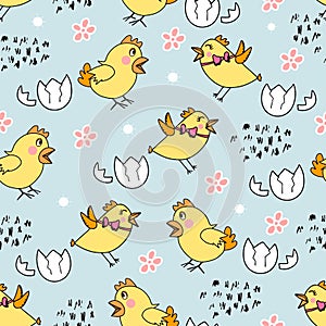 Seamless pattern with yellow chick`s, flowers.Easter template. print on fabric,textile.Vector
