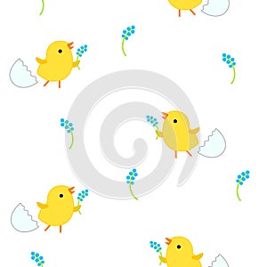 Seamless pattern with yellow chicks and blue flowers