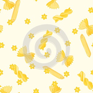 Seamless pattern with yellow farfalle rigatte and other macaroni on light background. Italian macaroni. Traditional cuisine