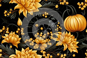 seamless pattern with yellow flowers and pumpkins on black background