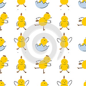 Seamless pattern with yellow funny chicken chick activitiesyoga poses. Running, jumping, sleeping, standing, sitting in the shell