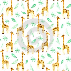 Seamless pattern with yellow giraffe and foliage.