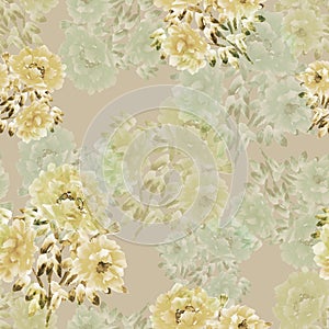 Seamless pattern of yellow, green flowers of peonies on a light beige background. Floral background. Watercolor