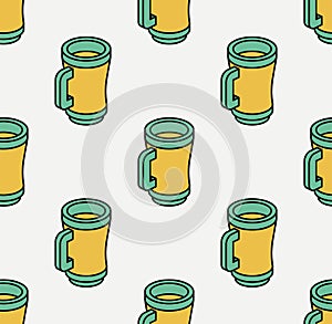 Seamless pattern with yellow green mugs. Isometric icon. Symbol of Saint Patrick day. Modern style