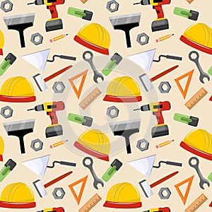 Connstruction-themed seamless pattern featuring helmets, tools, and nuts on a yellow backdrop