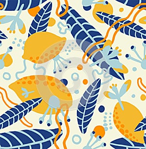 Seamless pattern of yellow lemons and blue leaves.