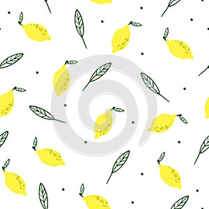 Seamless pattern with yellow lemons and leaves