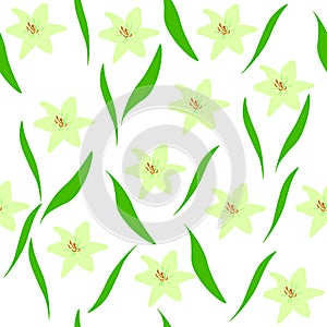 Seamless pattern yellow lilies, green leaves on white background. Girls drawn spring floral repetition print, vector eps 10