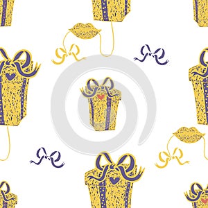 Seamless pattern with yellow lips holding thread with gift box as balloon isolated on white background