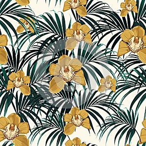 Seamless pattern, yellow orchid flower and green exotic palm monster leaves