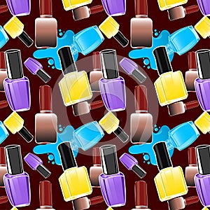 Seamless pattern of yellow pantone,medium purple,capri,blast off bronze color nail paint bottle or nail polish bottle with cap.