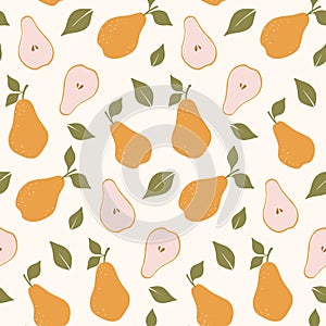 Seamless pattern with yellow pears. Summer fruit background.