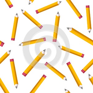 Seamless pattern with yellow pencils on white background. Back to school texture with comic pencils. Vector Illustration.