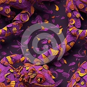 seamless pattern of yellow and purple geckos on red background created in paper art style for fabrics, and mobile phone covers