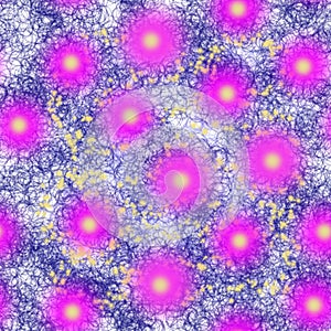 Seamless pattern of yellow - purple lights on a background of golden spots and swirling, interwoven blue lines.