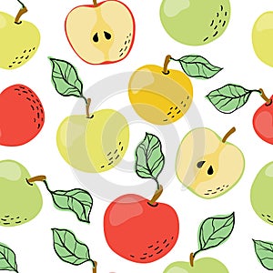 Seamless pattern with yellow, red and green apples and apple slices. Hand drawn apples pattern on white background. for fabric,