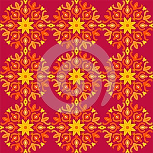 seamless pattern yellow red soft rose maroon floral flower mandala interior flat design background vector illustration