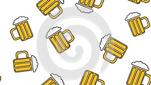Seamless pattern of yellow repetitive alcoholic beer glasses glass with beer frothy hops malt craft lager on a white background