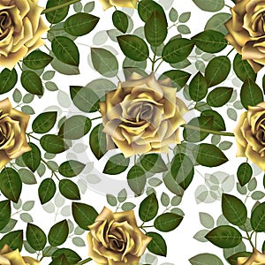 Seamless pattern with yellow roses. Beautiful realistic flowers with leaves. Photorealixtic rose bud, clean vector high detailed