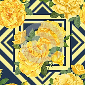 Seamless pattern of yellow roses with bud and leaves on blue graphic geometric background