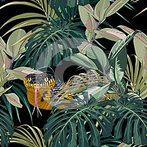 Seamless pattern with yellow snakes and blue tropical plants: monstera, ficus, palm leaves.