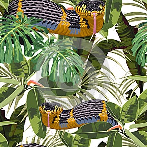 Seamless pattern with yellow snakes and bright tropical plants: ficus, palm and bananas leaves.