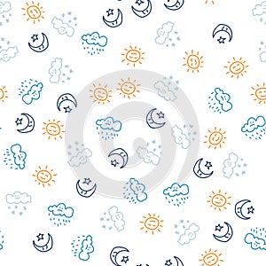 Seamless pattern yellow sun and moon with stars and white clouds with rain drops and snowflakes on sky. Cloudy and clear