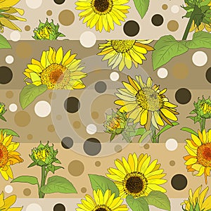 Seamless pattern with yellow sunflowers on a gray abstract background with geometric elements.