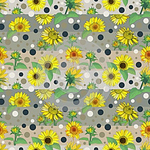 Seamless pattern with yellow sunflowers on a gray abstract background with geometric elements.