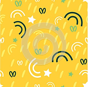 Seamless pattern on yellow Sunny background with grass, stars, curls. Design of fabrics, Wallpapers, textiles