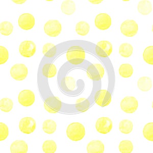 Seamless pattern of yellow watercolor hand painted round shapes, stains, circles, blobs isolated on white background.