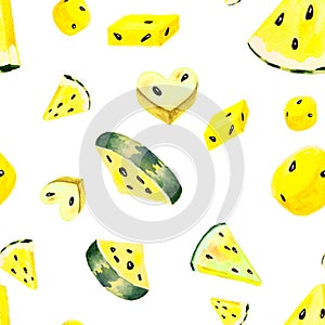 Seamless pattern of yellow watermelon slices on white background.